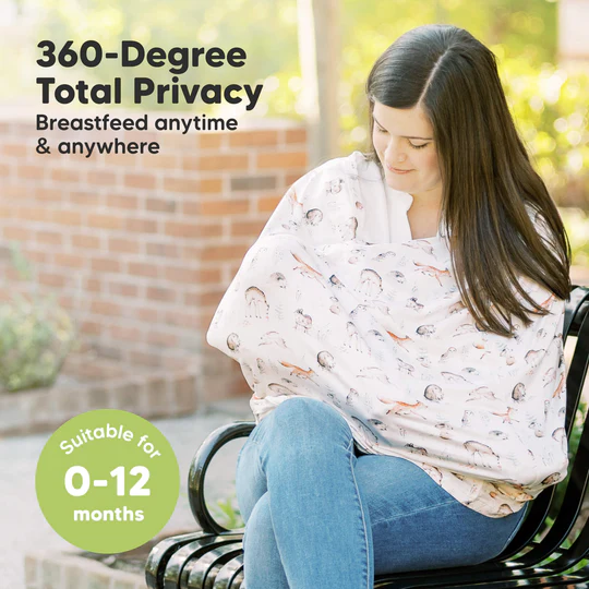 Woman using a nursing cover on a bench, text about privacy and suitability for 0-12 months.