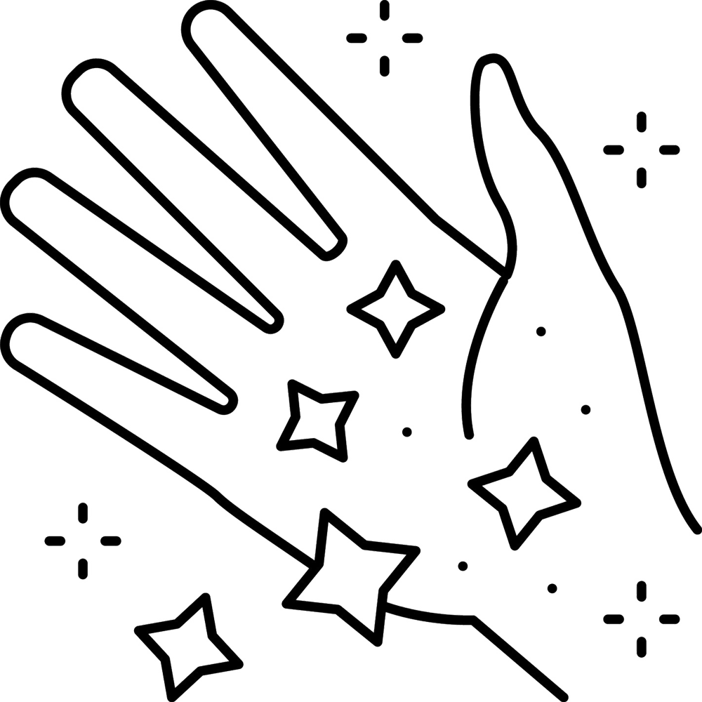 Outline of a hand with stars and sparkles around it.