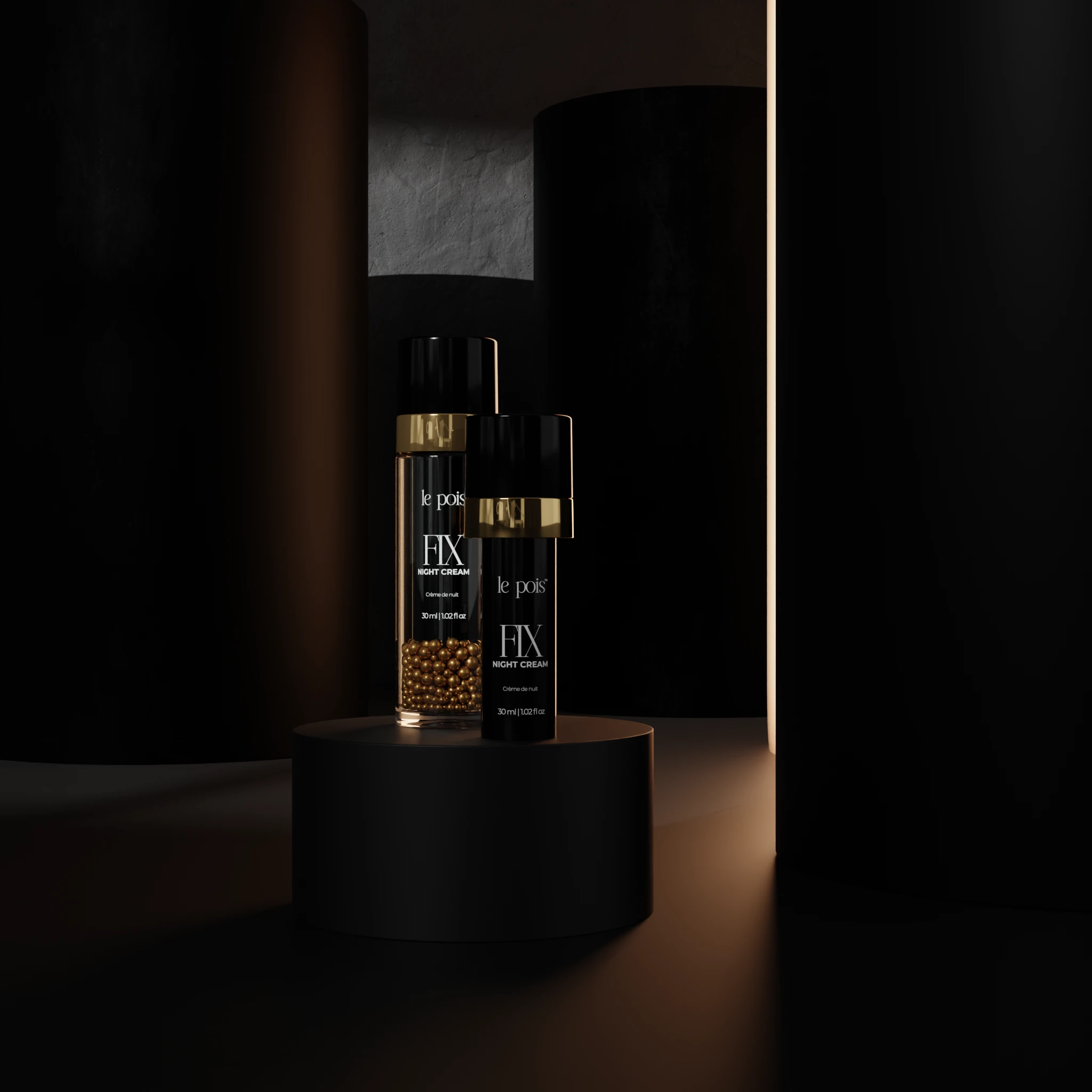 Two night cream bottles with black and gold labels on a dark pedestal.