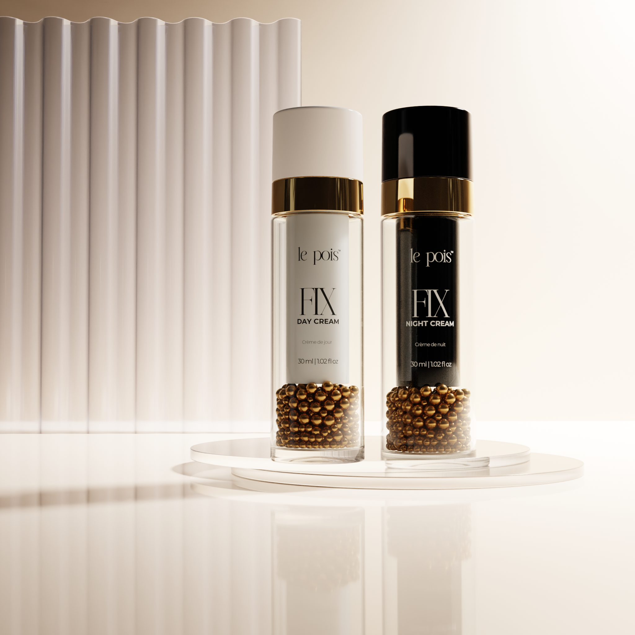 Two cylindrical bottles labeled 'Day Cream' and 'Night Cream' on a reflective surface.