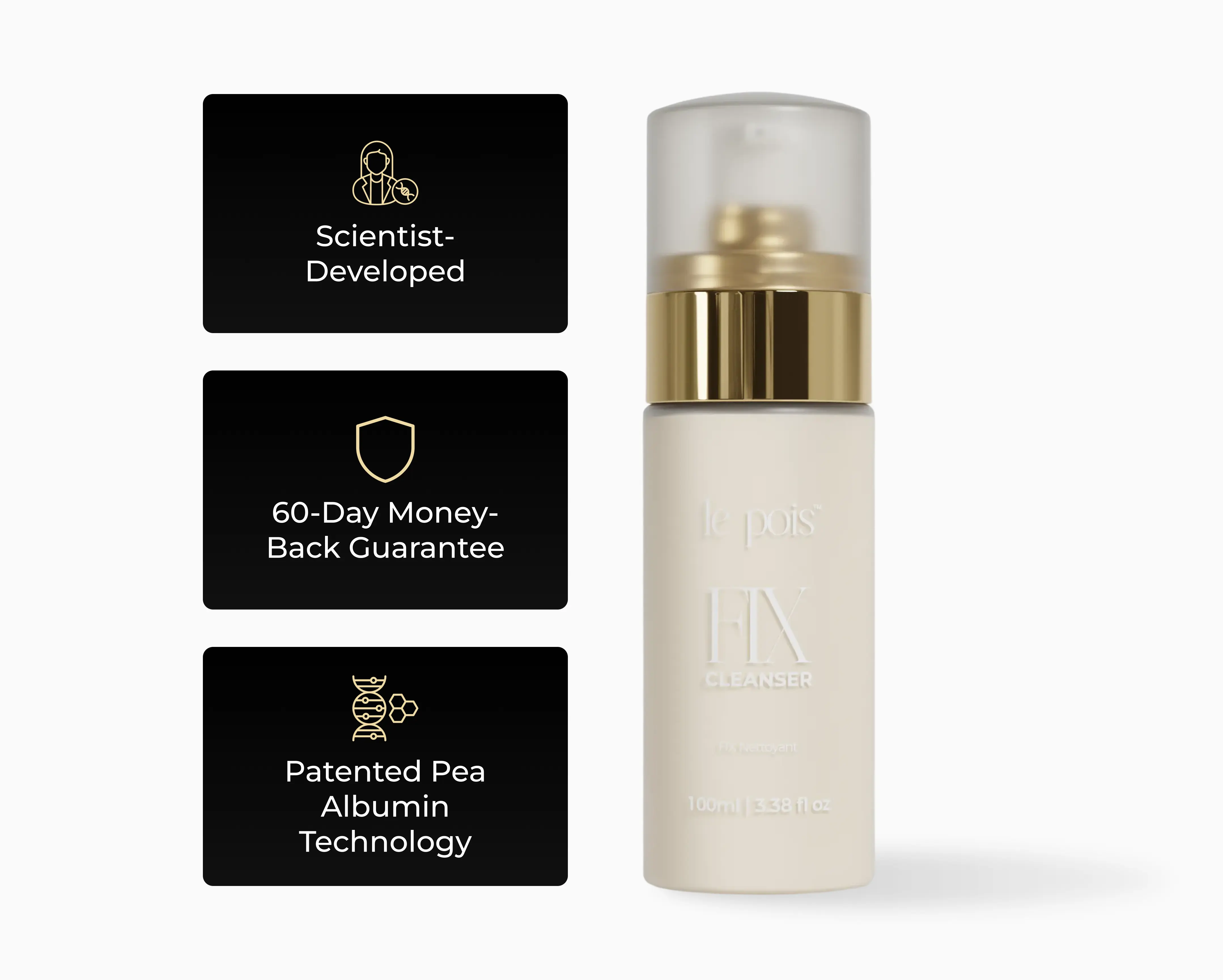 A bottle of Le Pois FIX Cleanser next to graphics highlighting its key features on a white background.