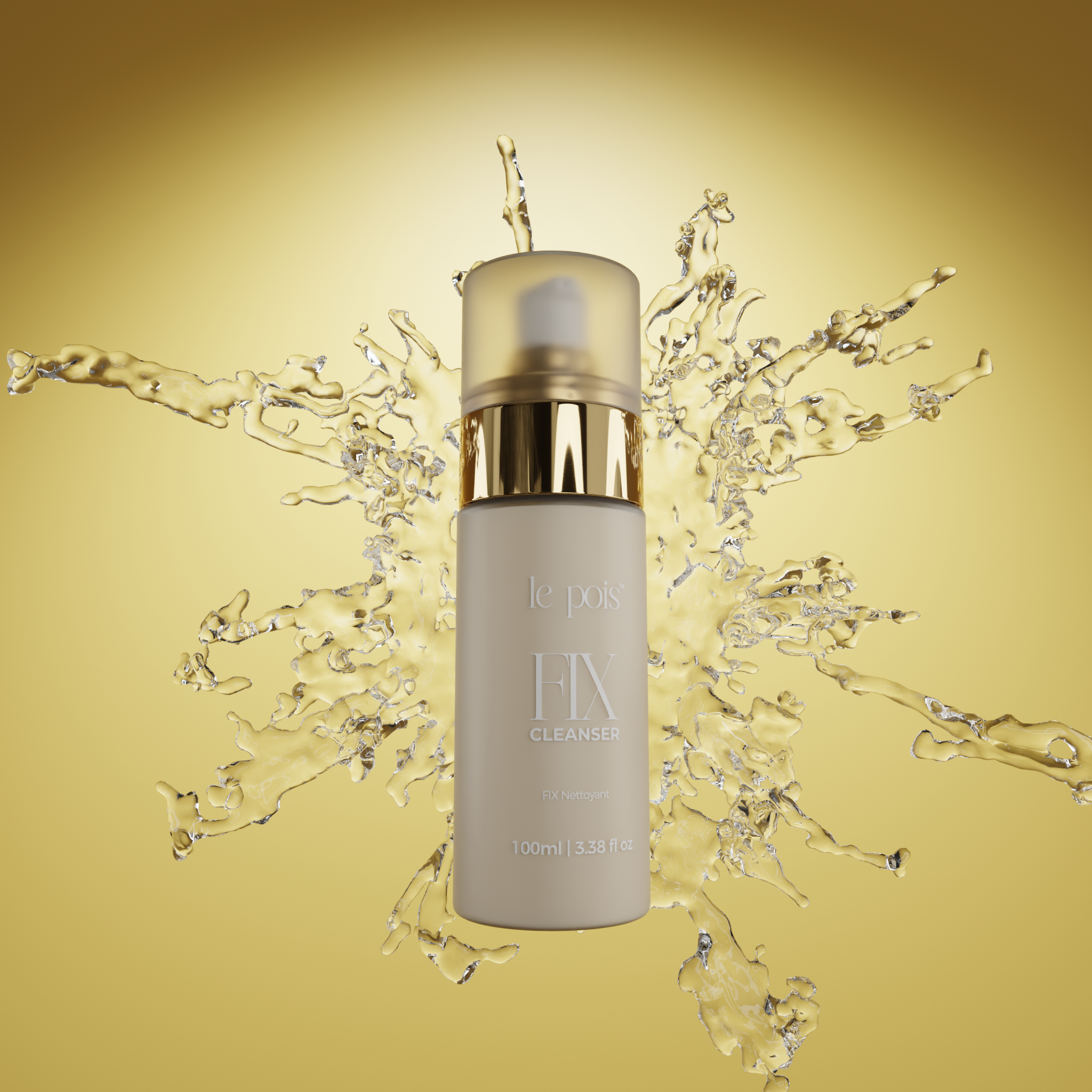 Bottle of cleanser with liquid splash on gold background.