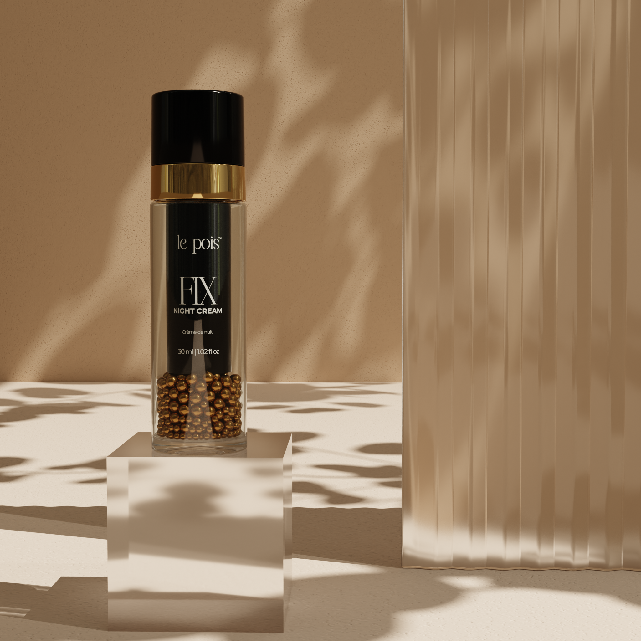 Night cream bottle on a reflective surface with shadow patterns in the background.