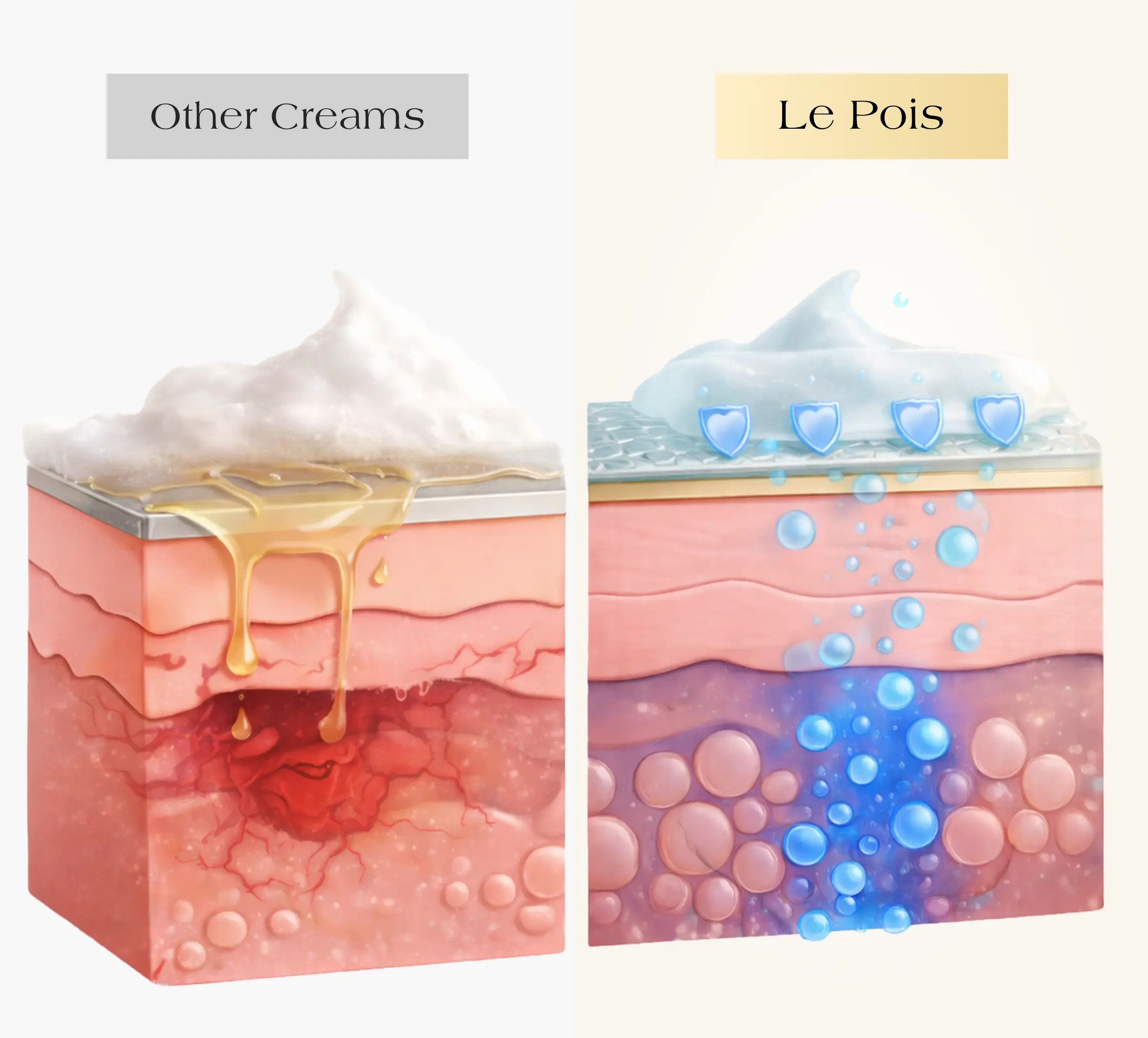 Illustrates two creams: one irritates skin with yellow liquid, the other hydrates with blue bubbles and shields.