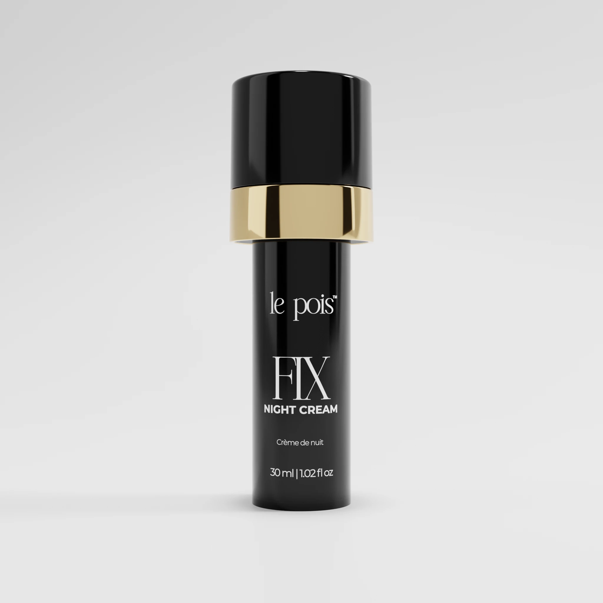 Black and gold bottle of 'le pois FIX Night Cream' on a plain background.