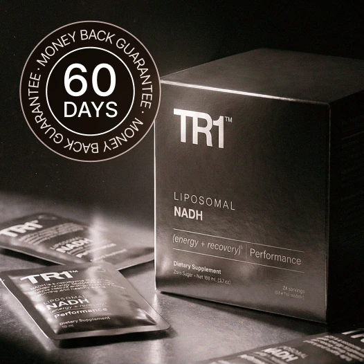 A black box and several packets of TR1 Liposomal NADH supplement with a 60-day guarantee seal.