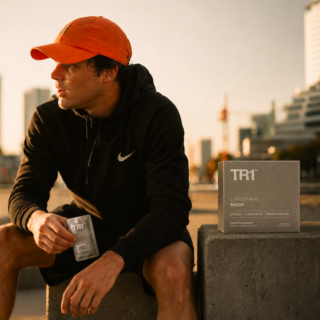 A man in athletic wear sits outdoors holding a TR1 supplement packet, with the product box beside him.