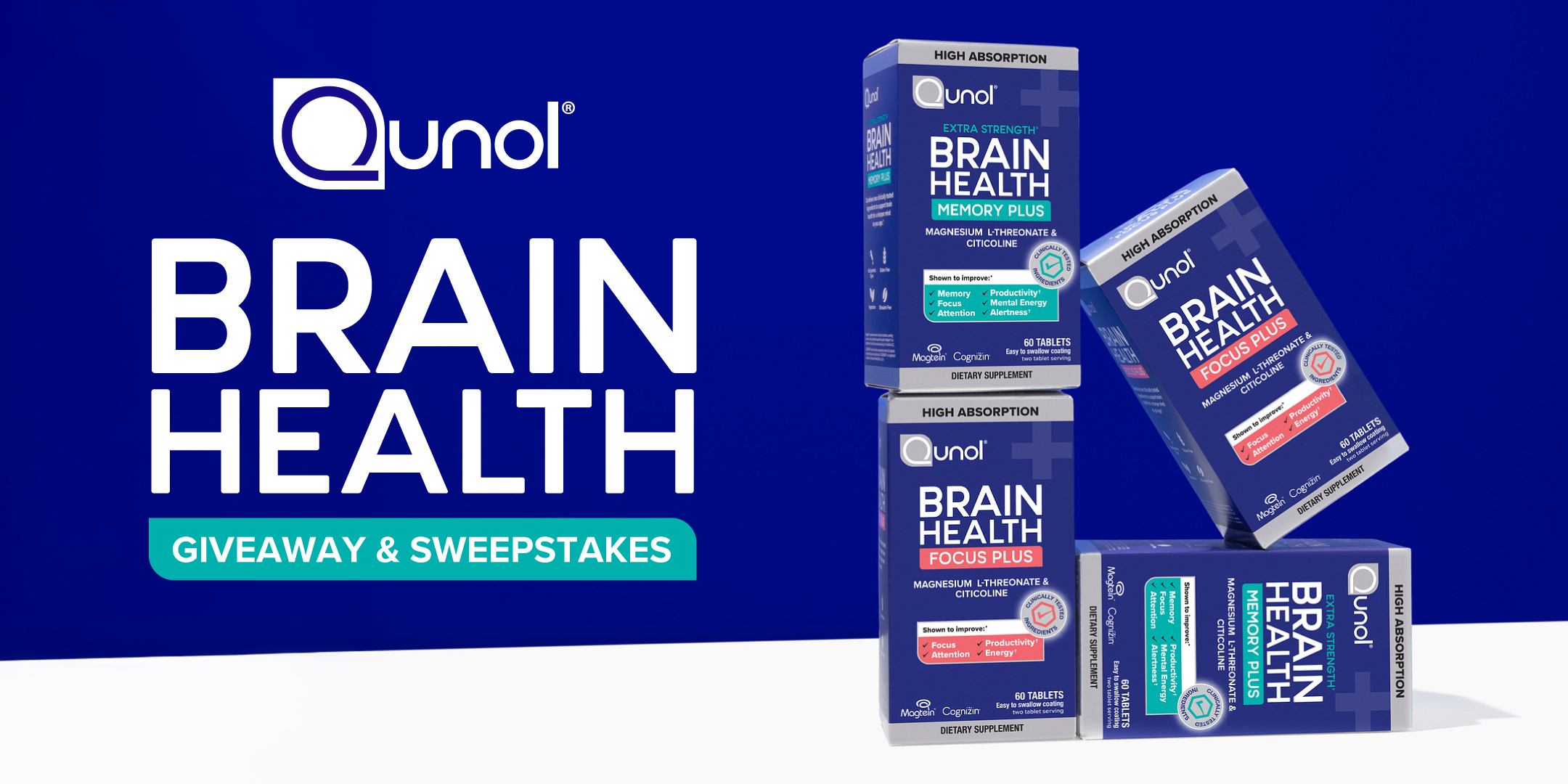 Qunol Brain Health supplement boxes with giveaway and sweepstakes text on blue background.