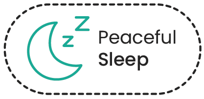 An icon with a crescent moon and the words 'Peaceful Sleep' inside a dashed border.