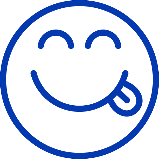 A blue line drawing icon of a happy face with its tongue sticking out.