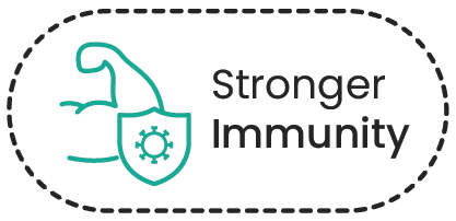 Stronger Immunity graphic showing a flexed arm holding a shield with a virus icon on it.