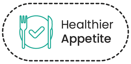 Icon of a plate with a checkmark next to the text 'Healthier Appetite' in a rounded, dashed border.