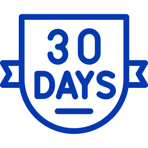 A blue shield-shaped icon with a ribbon and the text '30 DAYS' inside.