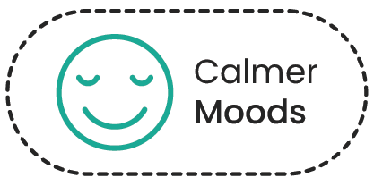An icon of a calm, smiling face next to the words 'Calmer Moods' inside a dashed border.
