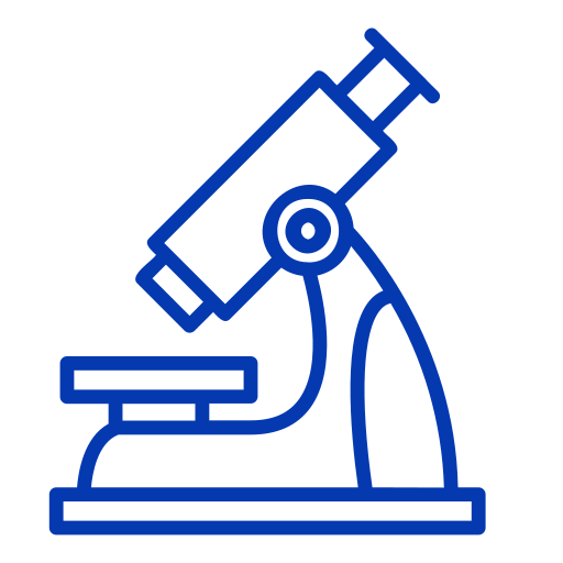 A blue line icon of a microscope on a dark green background.