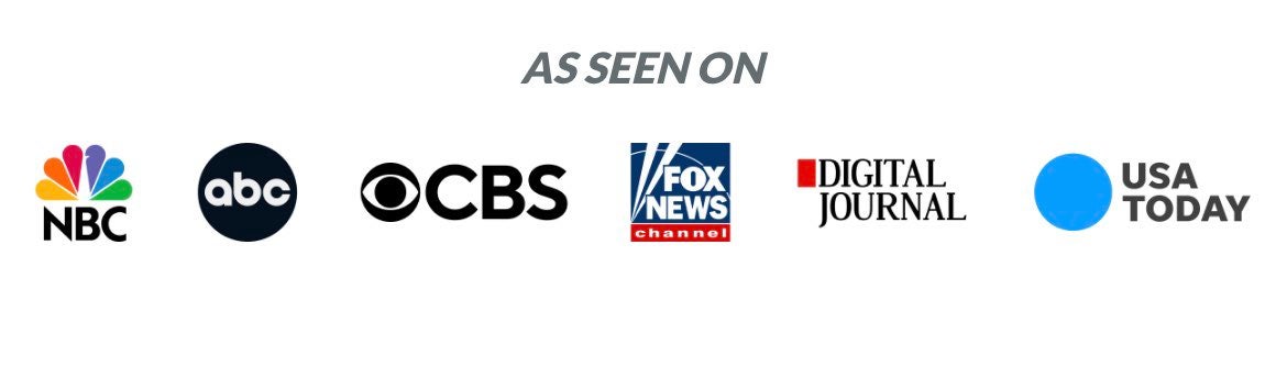 As Seen On banner with logos of NBC, ABC, CBS, Fox News, Digital Journal, and USA Today.