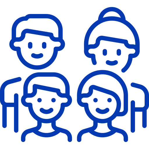 A blue line art icon of a smiling family of four against a black background.