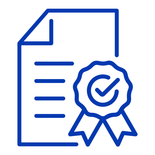A blue line icon of a document with a certified seal containing a checkmark.