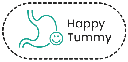 The Happy Tummy logo, featuring a stylized green stomach outline with a smiley face.