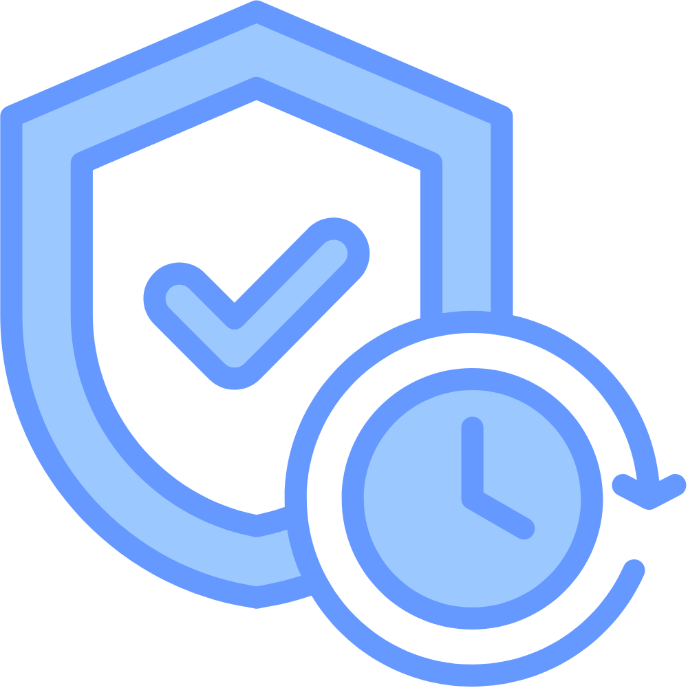 Blue shield with checkmark and clock icon overlay.