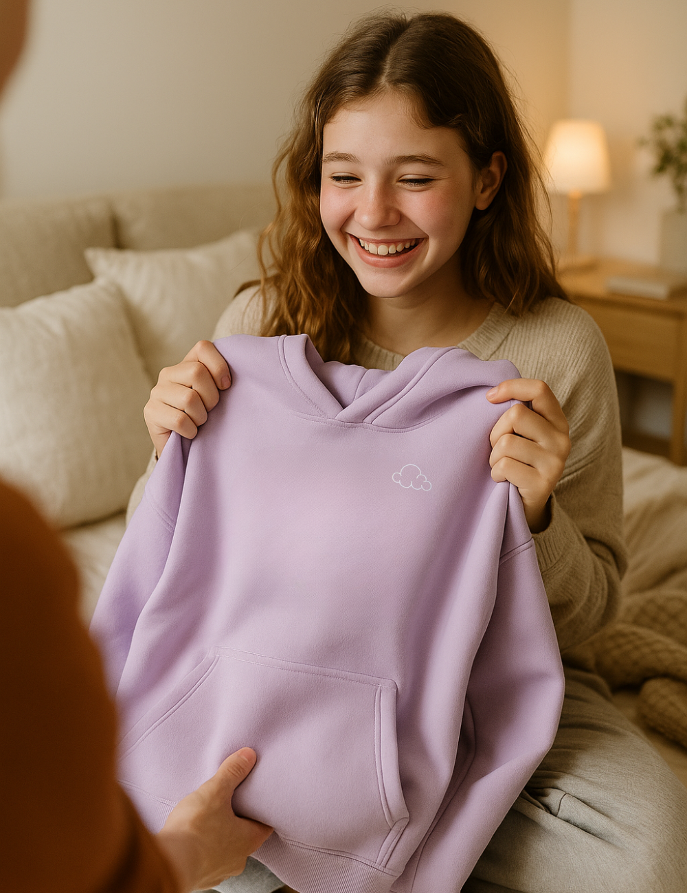Smiling girl holding a lavender hoodie with a cloud design.