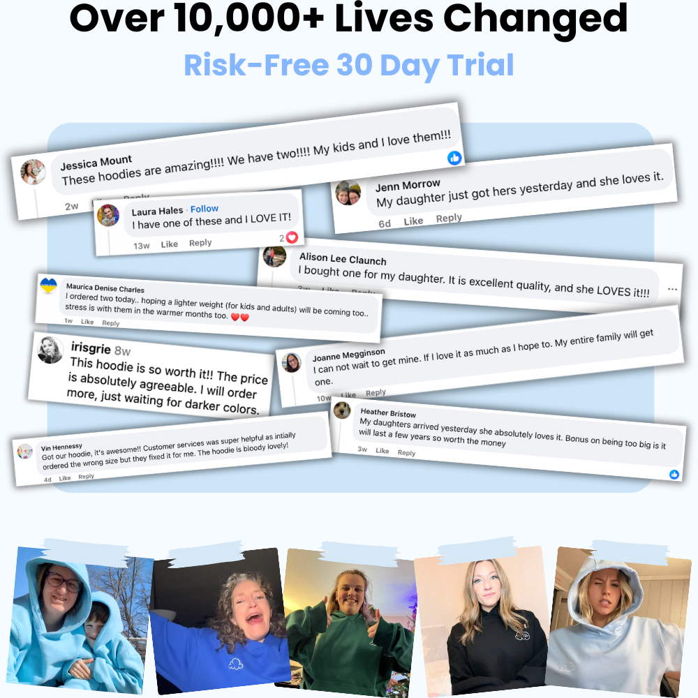 Collage of positive hoodie reviews and photos of people wearing hoodies.