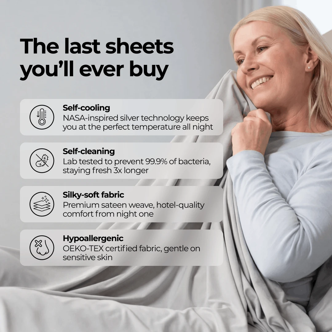 A smiling woman holds a grey sheet next to a list of its features, like self-cooling and self-cleaning.