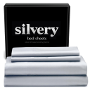 A set of three folded gray towels beside a black box labeled 'silvery'.