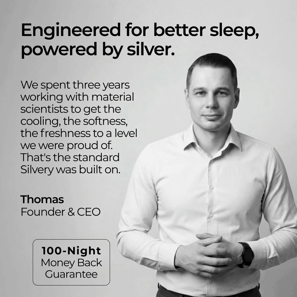 A black and white photo of Thomas, Founder & CEO, standing next to promotional text.