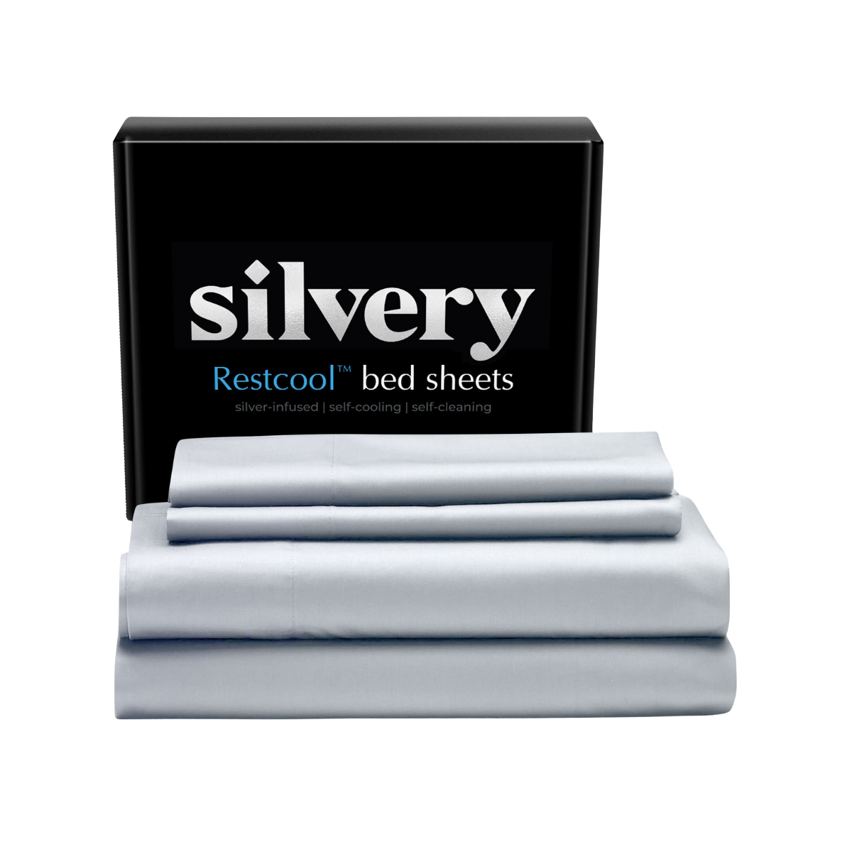 Stack of folded bed sheets in front of a box labeled 'silvery Restcool bed sheets.'
