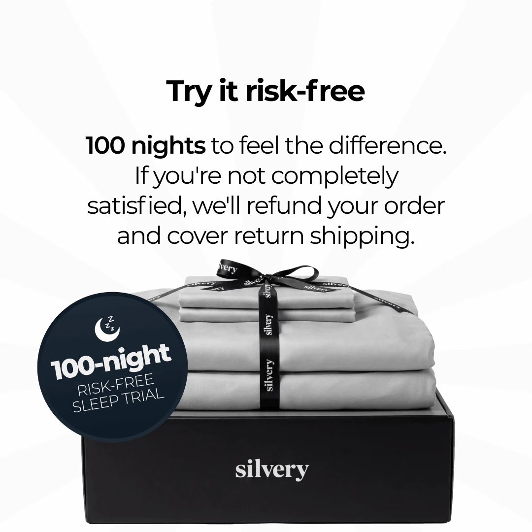 A promotional image for Silvery bedsheets in a black box, advertising a 100-night risk-free sleep trial.