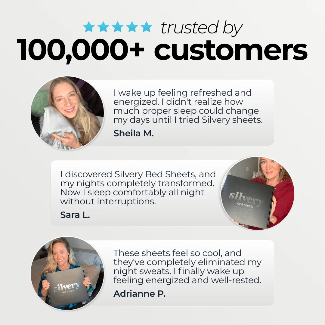 An advertisement for Silvery bed sheets featuring three positive customer testimonials with photos.