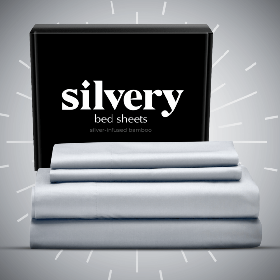 Silvery bed sheets with packaging; silver-infused bamboo fabric.
