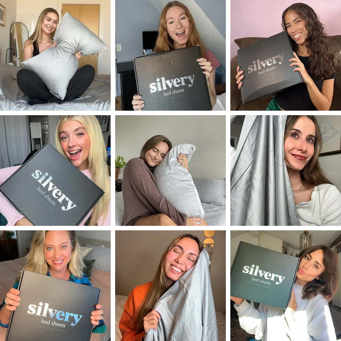 Collage of people holding 'silvery bed sheets' boxes and hugging pillows.