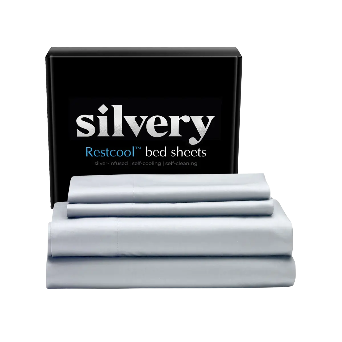 Stack of folded bed sheets in front of a box labeled 'silvery Restcool bed sheets.'
