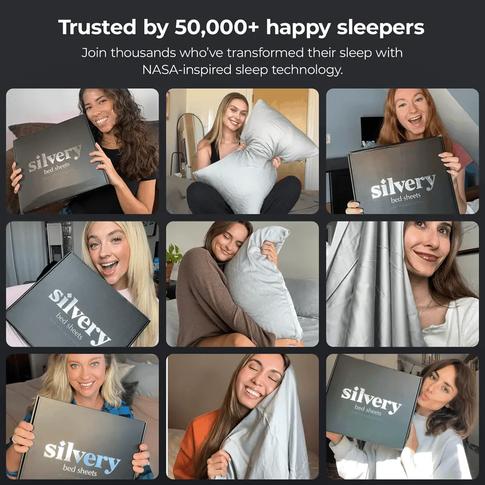 A collage of nine photos showing happy women with Silvery bed sheets, pillows, and product boxes.