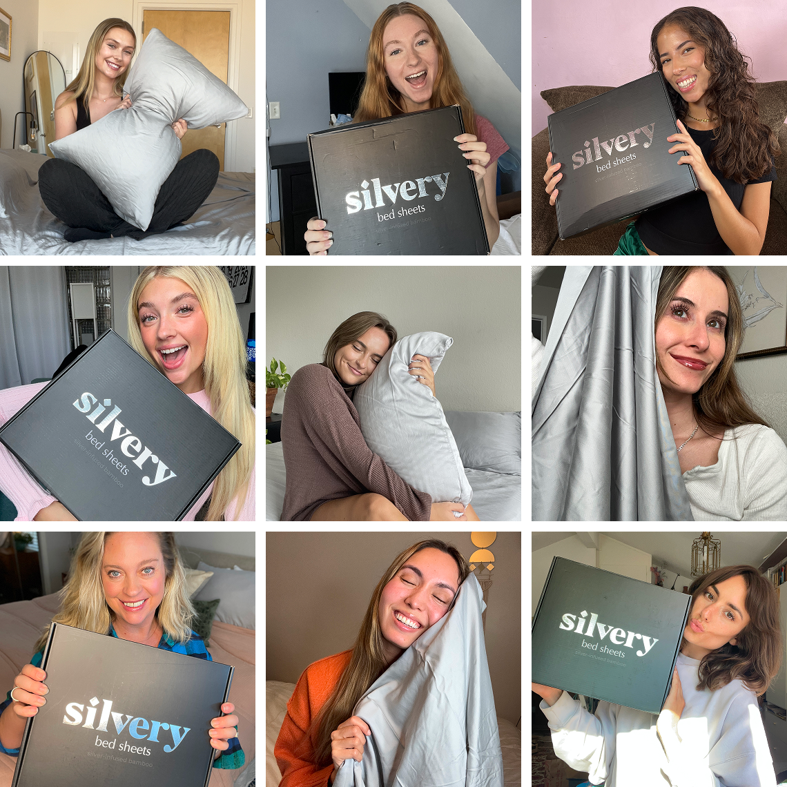 People happily holding 'Silvery' bed sheets and boxes, displaying comfort and satisfaction.