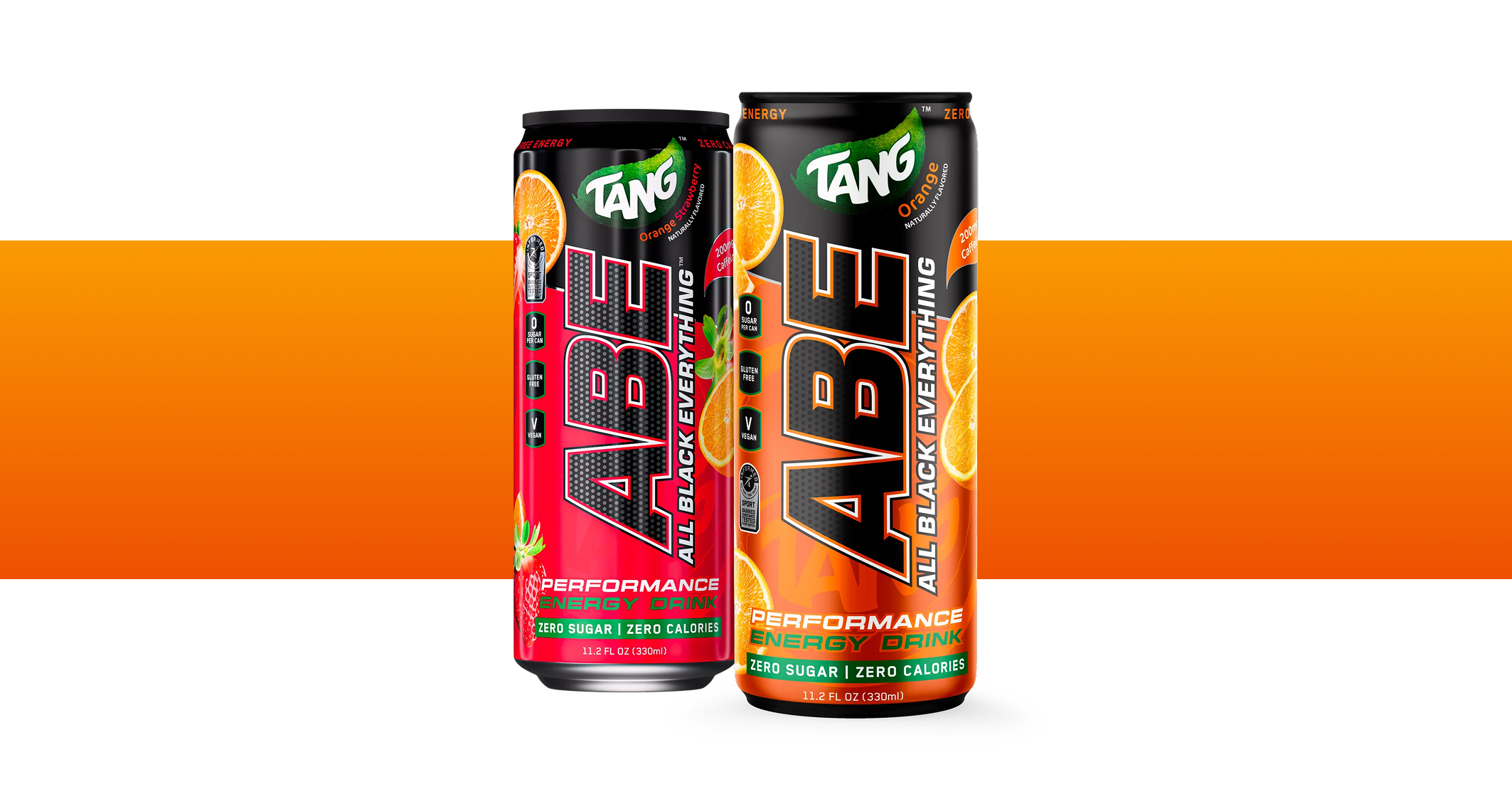 Two cans of Tang ABE energy drink with orange slices on an orange background.