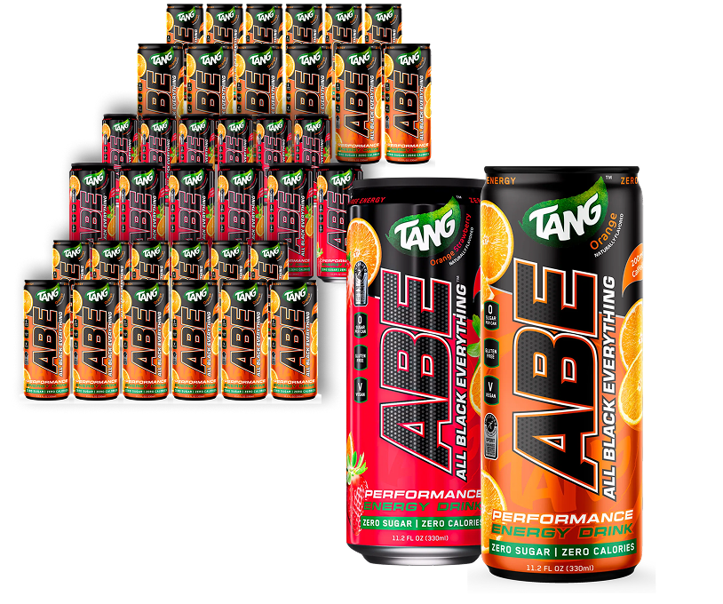 Cans of ABE energy drink in orange and pink flavors, arranged in a pyramid.