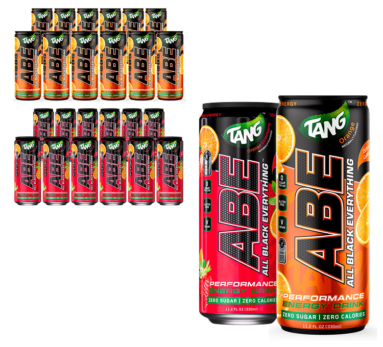 Cans of ABE energy drink in orange and red flavors with Tang branding.