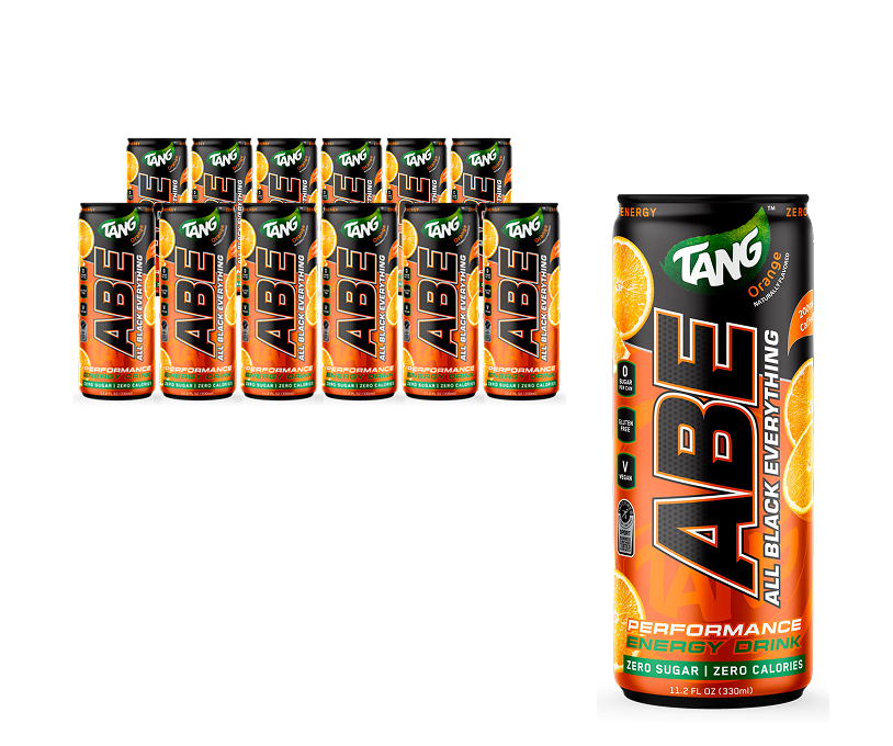 Cans of ABE performance energy drink with orange flavor on a black background.