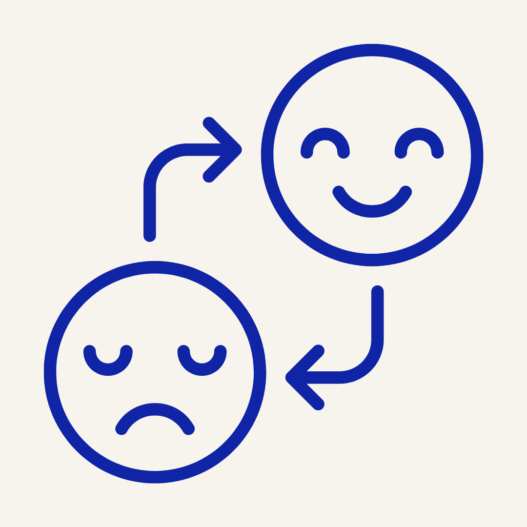 Two blue smiley faces with arrows indicating mood change.