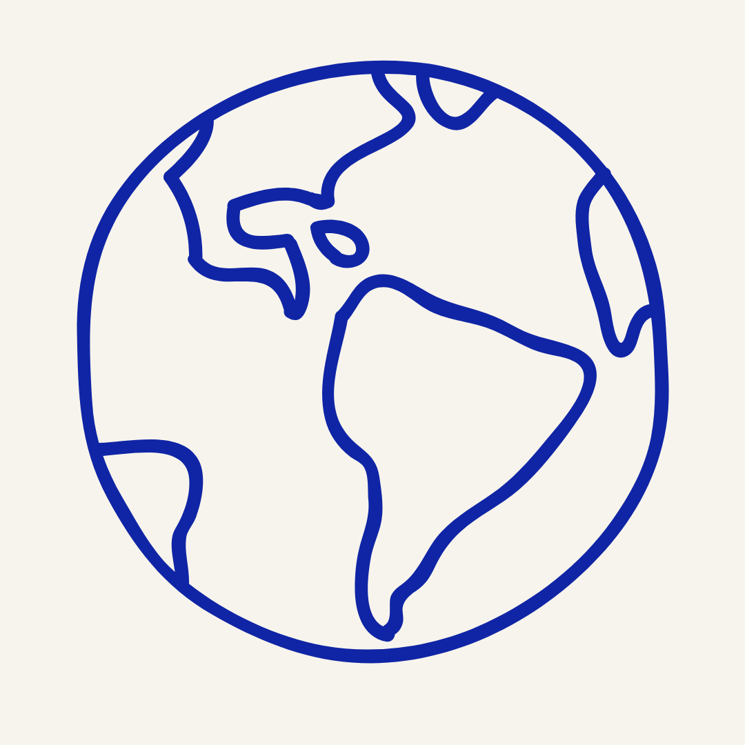 Simple blue line drawing of Earth on a white background.