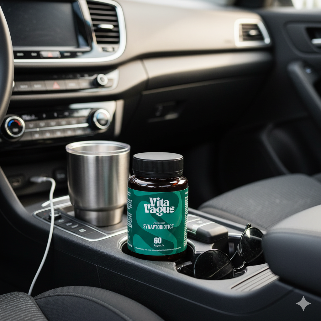 Car interior with a bottle labeled 'Vita Vagus' in the cup holder.