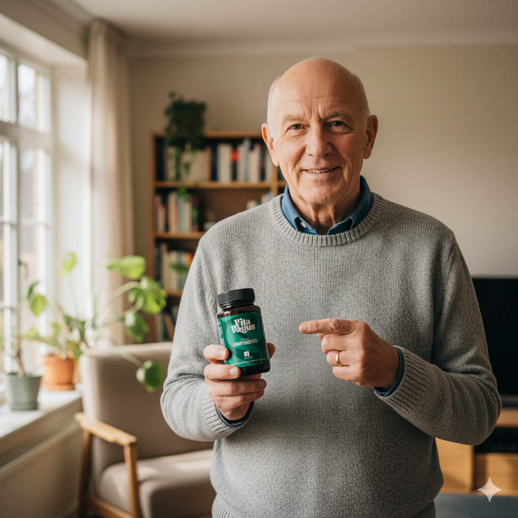 Elderly man in a sweater holding a vitamin bottle and pointing to it, standing in a living room.
