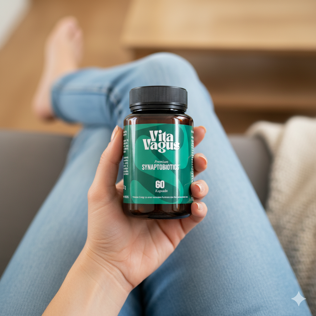 Hand holding a bottle labeled 'Vita Vagus' synaptobiotics.