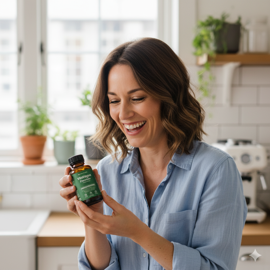 Smiling woman in a kitchen holding a supplement bottle.
