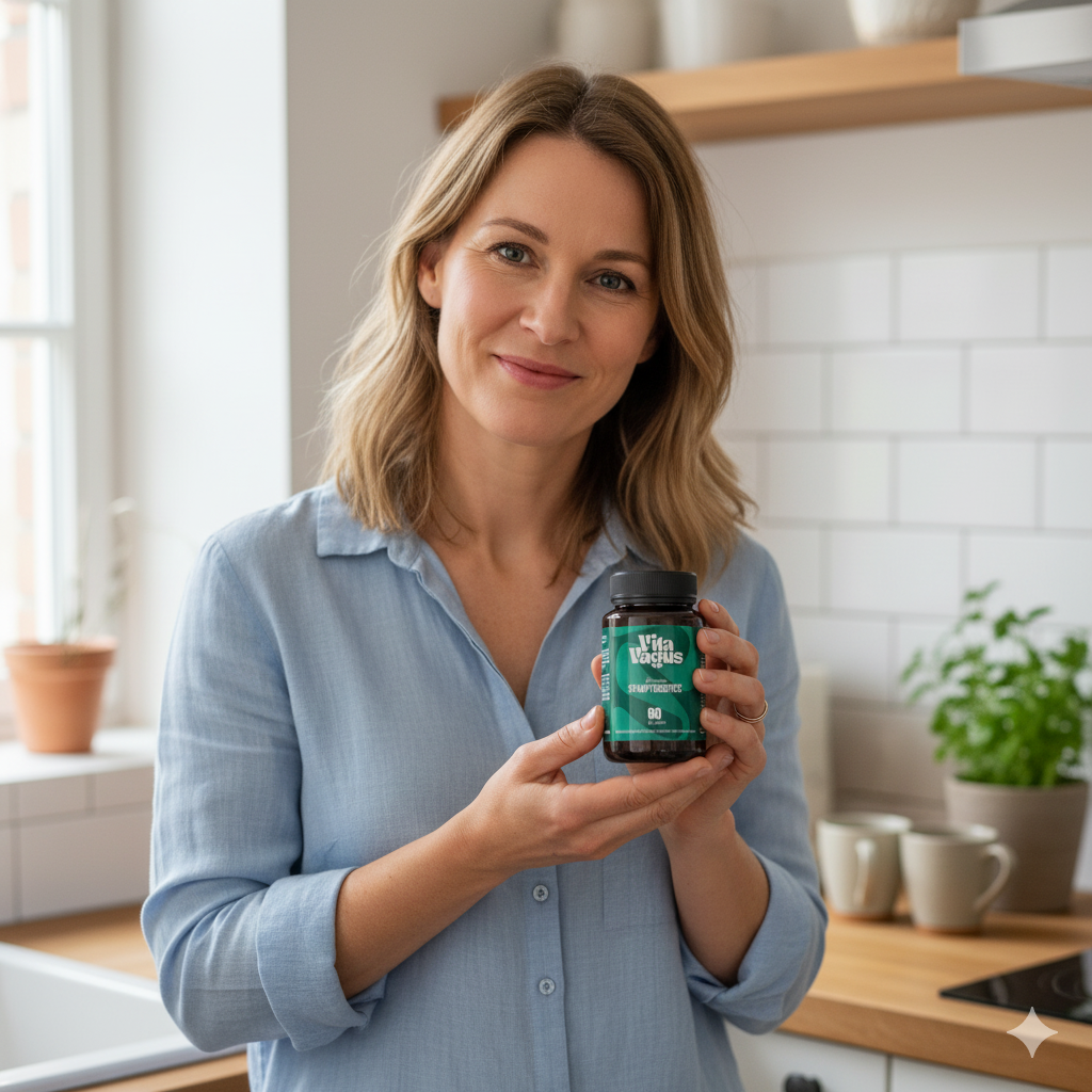 Person holding a bottle in a kitchen setting.