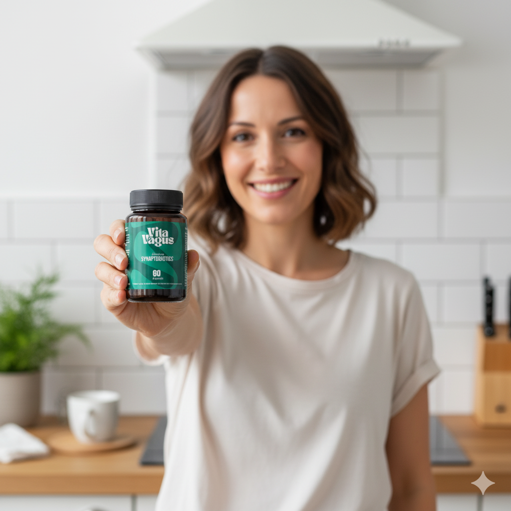 Woman smiling, holding a bottle labeled 'Vita Vagus' in a kitchen setting.
