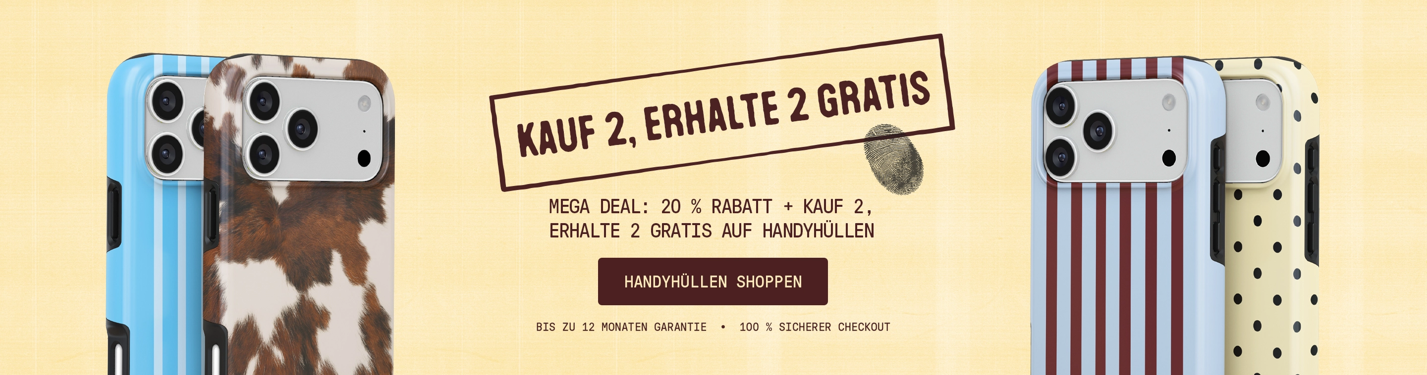 A promotional banner in German for a 'Buy 2, Get 2 Free' deal on various phone cases.